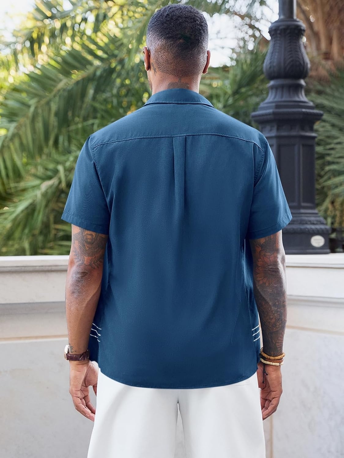 imageRuncati Mens Cuban Guayabera Shirt Short Sleeve Button Down Shirts Casual Linen Summer Beach Vacation TopsDark Blue