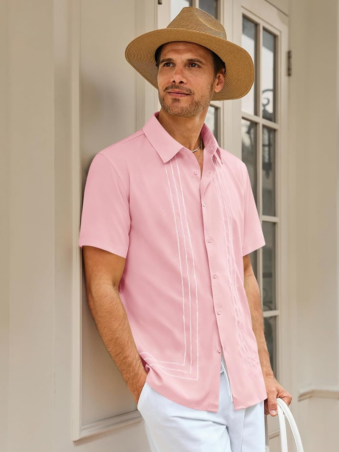 imageRuncati Mens Cuban Guayabera Shirt Short Sleeve Button Down Shirts Casual Linen Summer Beach Vacation TopsPink