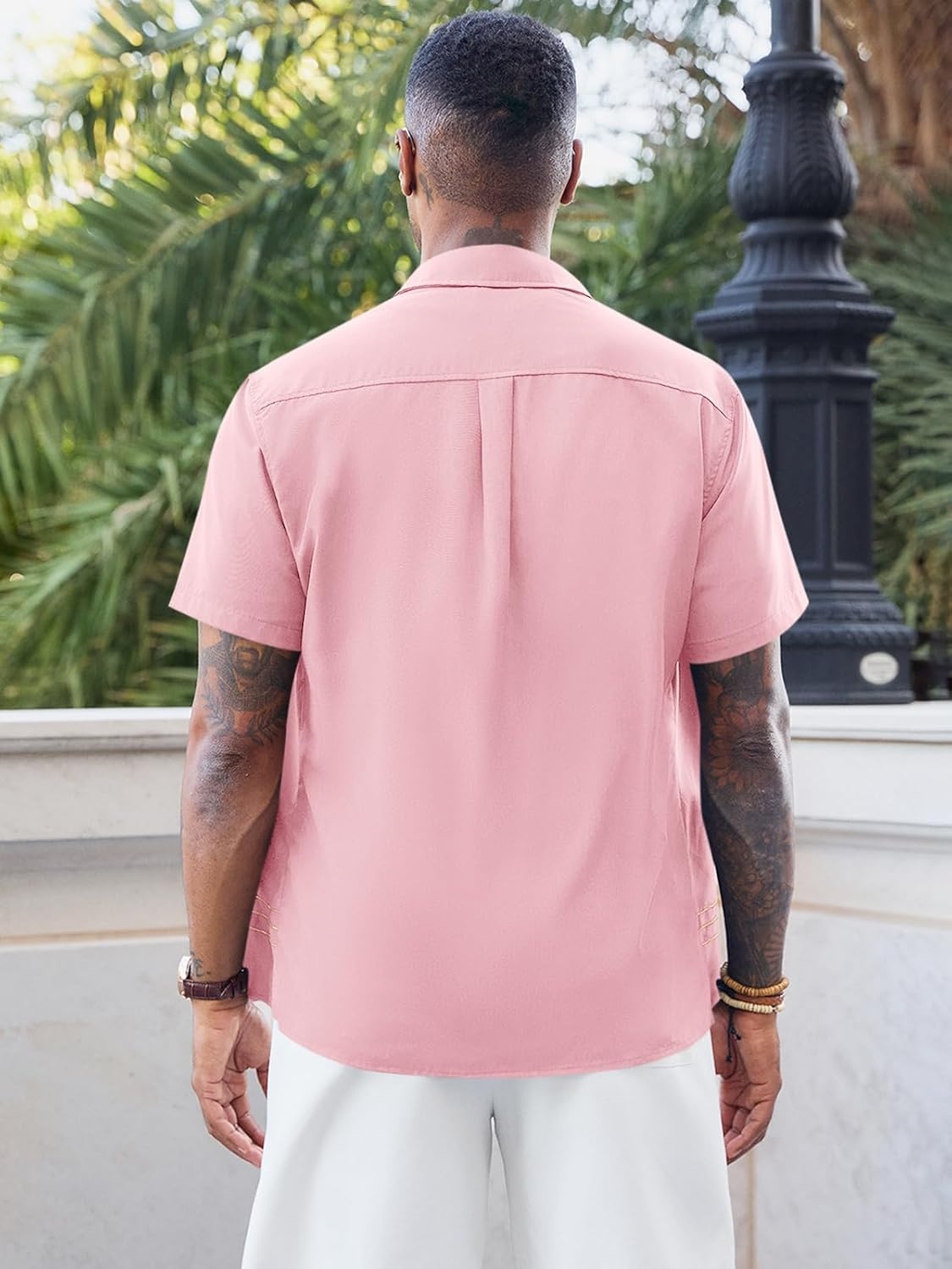 imageRuncati Mens Cuban Guayabera Shirt Short Sleeve Button Down Shirts Casual Linen Summer Beach Vacation TopsPink