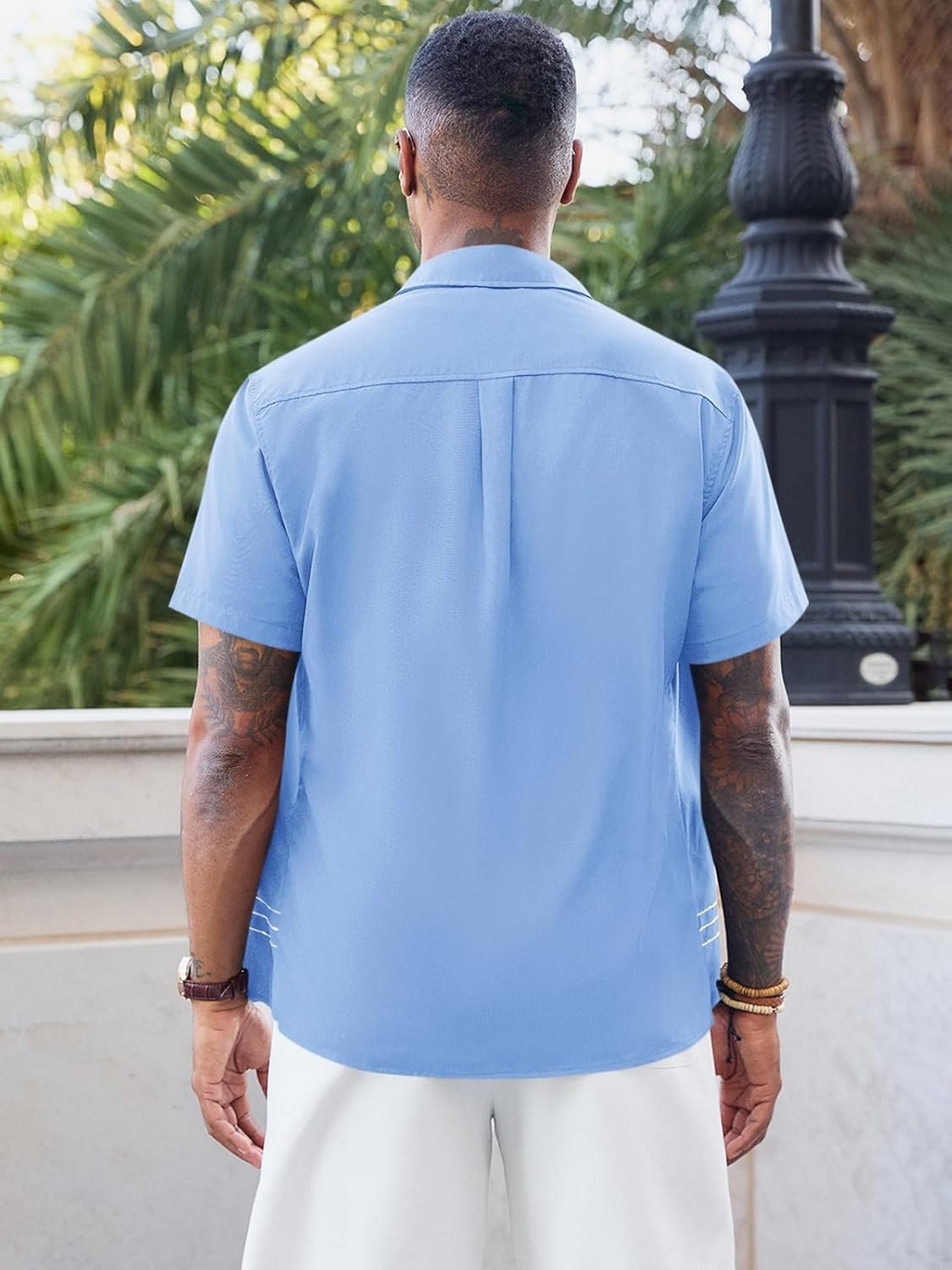 imageRuncati Mens Cuban Guayabera Shirt Short Sleeve Button Down Shirts Casual Linen Summer Beach Vacation TopsSky Blue