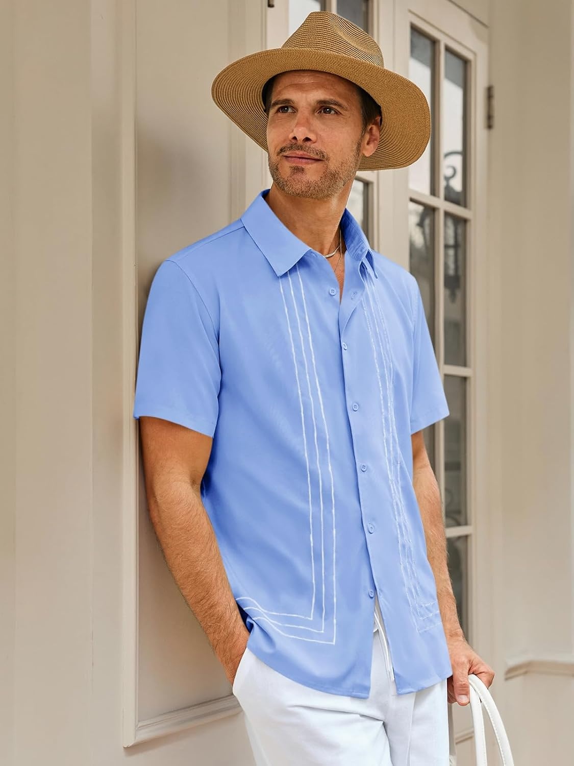 imageRuncati Mens Cuban Guayabera Shirt Short Sleeve Button Down Shirts Casual Linen Summer Beach Vacation TopsSky Blue