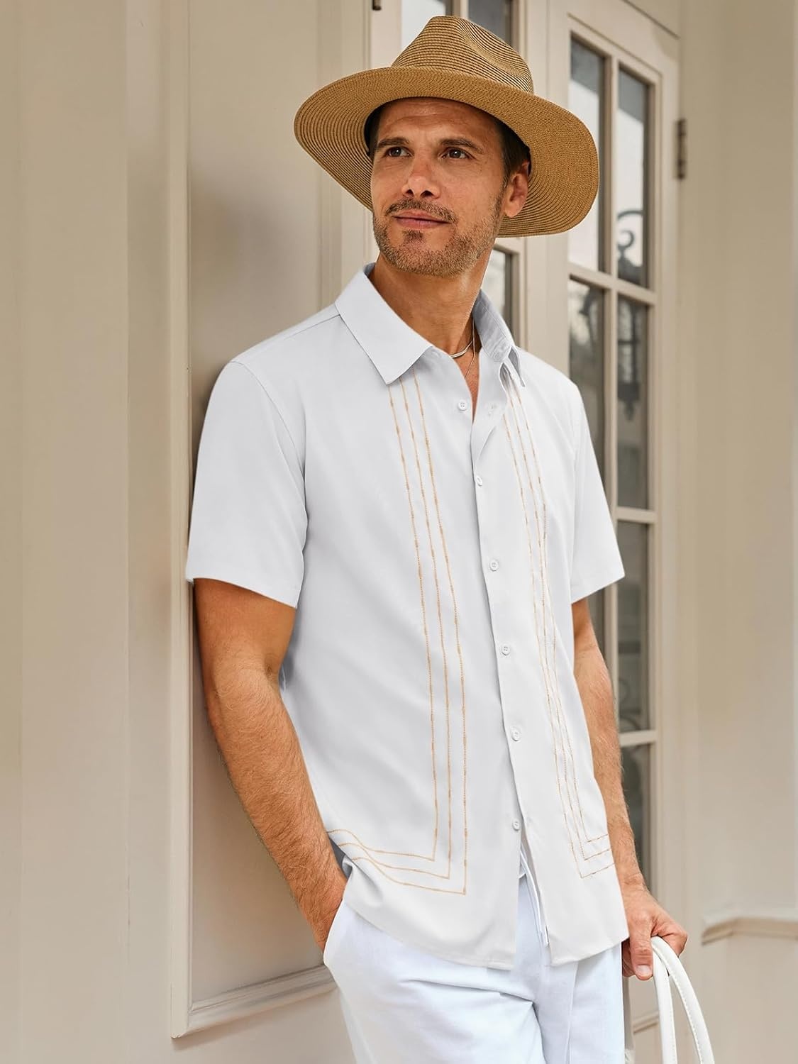 imageRuncati Mens Cuban Guayabera Shirt Short Sleeve Button Down Shirts Casual Linen Summer Beach Vacation TopsWhite