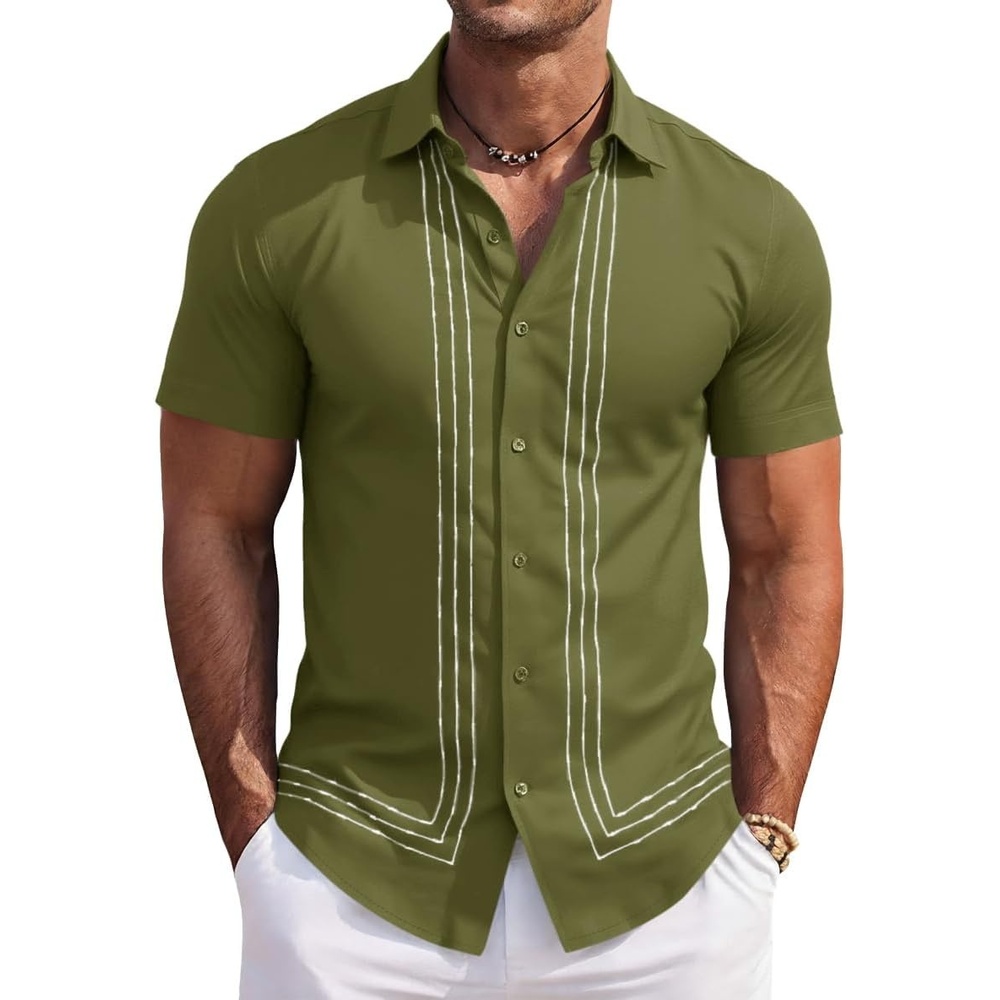 imageRuncati Mens Cuban Guayabera Shirt Short Sleeve Button Down Shirts Casual Linen Summer Beach Vacation TopsArmy Green