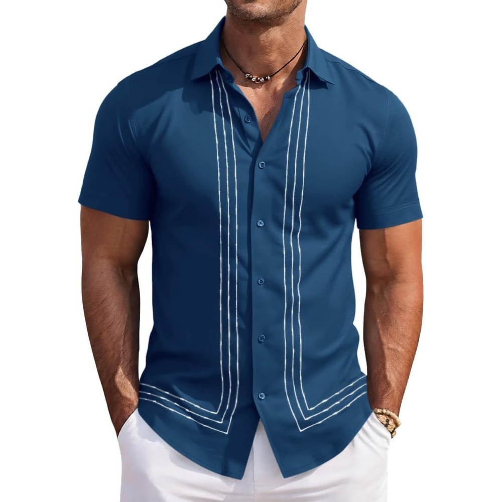 imageRuncati Mens Cuban Guayabera Shirt Short Sleeve Button Down Shirts Casual Linen Summer Beach Vacation TopsDark Blue