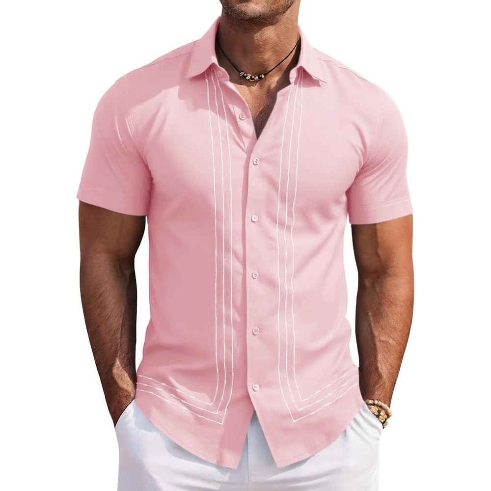 imageRuncati Mens Cuban Guayabera Shirt Short Sleeve Button Down Shirts Casual Linen Summer Beach Vacation TopsPink