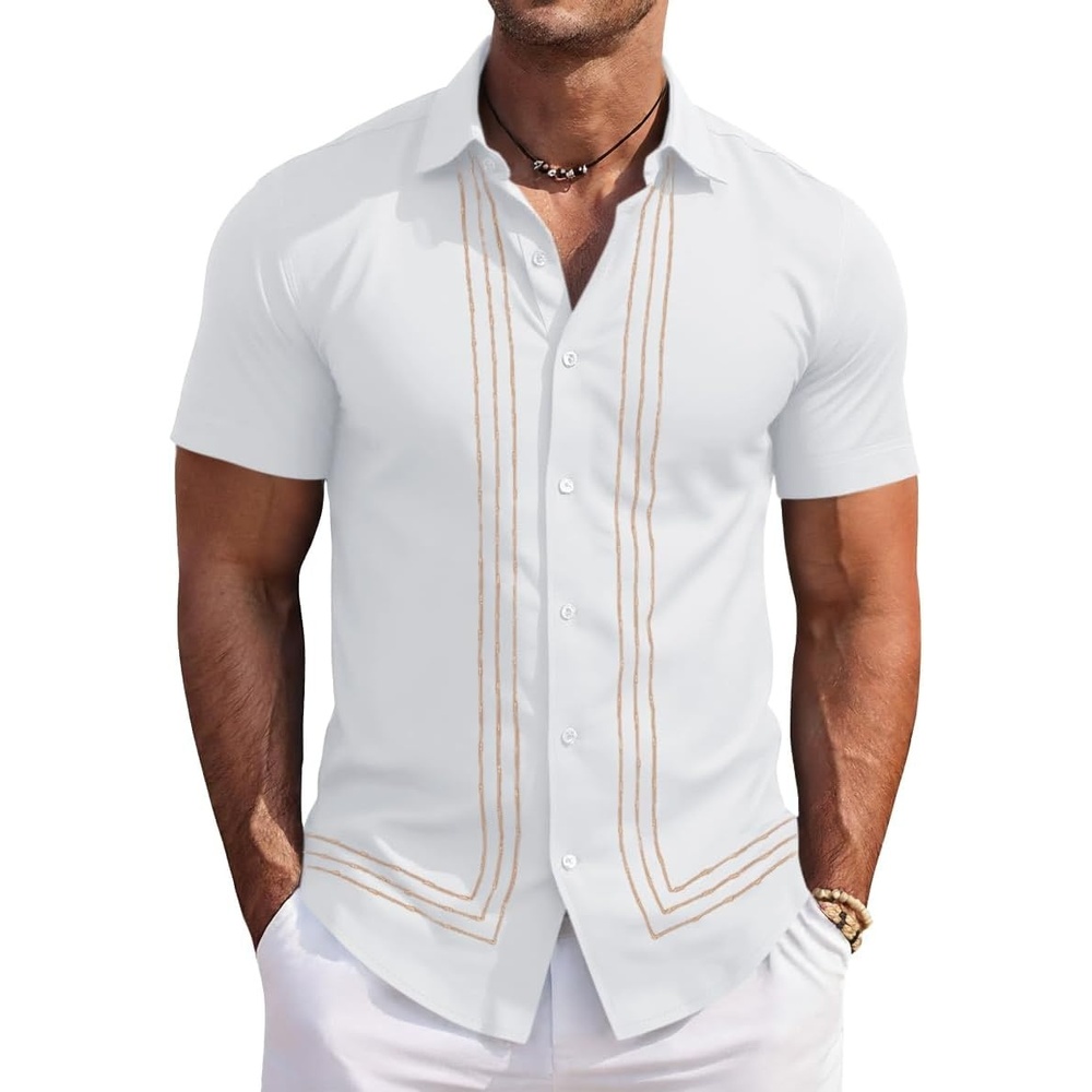 imageRuncati Mens Cuban Guayabera Shirt Short Sleeve Button Down Shirts Casual Linen Summer Beach Vacation TopsWhite