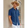 Runcati Mens Cuban Guayabera Shirt Short Sleeve Button Down Shirts Casual Linen Summer Beach Vacation Tops(Dark Blue)