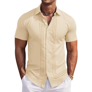 Runcati Mens Cuban Guayabera Shirt Short Sleeve Button Down Shirts Casual Linen Summer Beach Vacation Tops(Apricot)