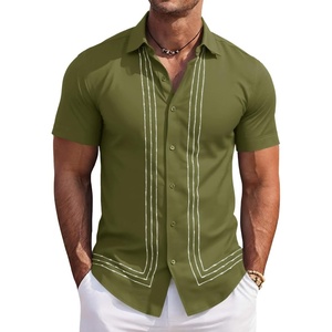 Runcati Mens Cuban Guayabera Shirt Short Sleeve Button Down Shirts Casual Linen Summer Beach Vacation Tops(Army Green)