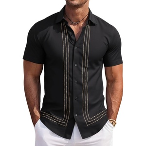 Runcati Mens Cuban Guayabera Shirt Short Sleeve Button Down Shirts Casual Linen Summer Beach Vacation Tops(Black)