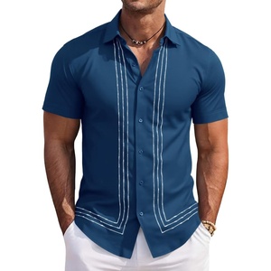 Runcati Mens Cuban Guayabera Shirt Short Sleeve Button Down Shirts Casual Linen Summer Beach Vacation Tops(Dark Blue)