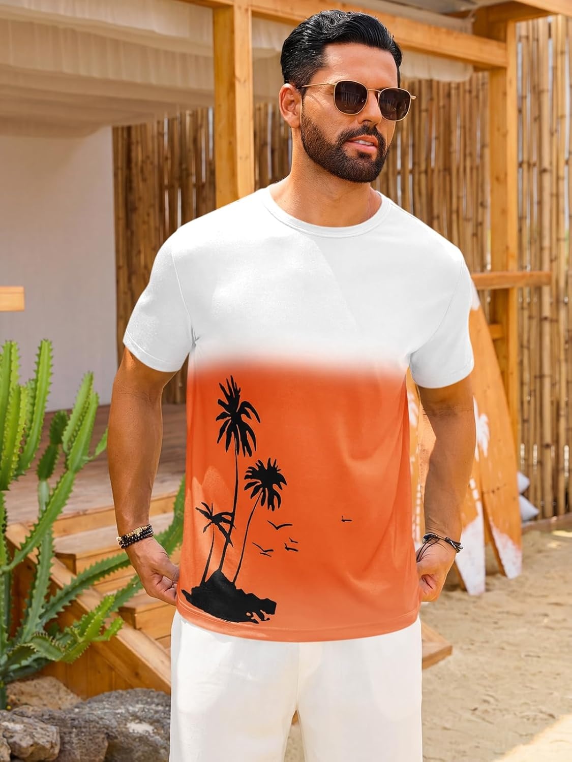 image:imageRuncati Mens Short Sleeve TShirts Casual Graphic Gradient Printed Tee Crewneck Summer Beach Hawaiian Vintage ShirtsAorange