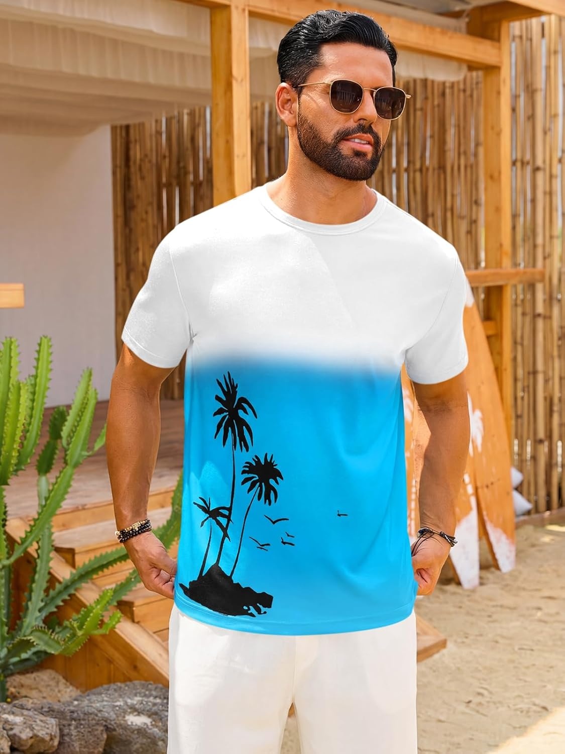 image:imageRuncati Mens Short Sleeve TShirts Casual Graphic Gradient Printed Tee Crewneck Summer Beach Hawaiian Vintage ShirtsLight Blue