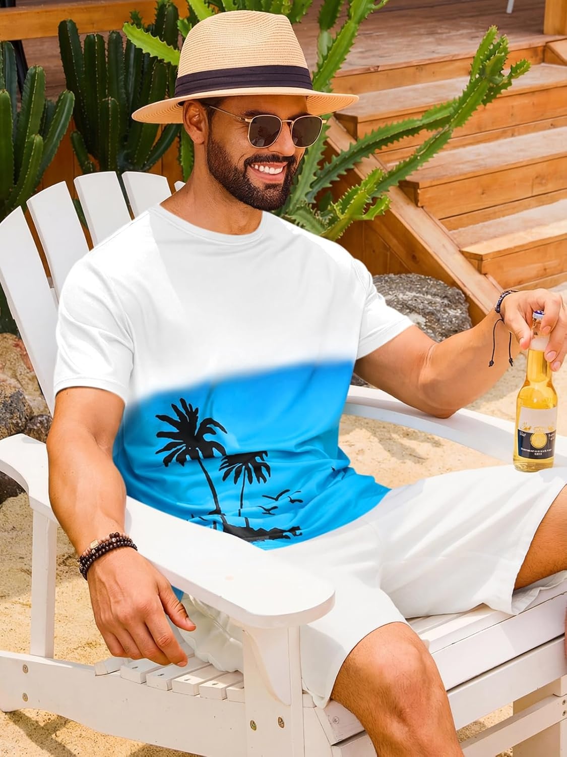 image:imageRuncati Mens Short Sleeve TShirts Casual Graphic Gradient Printed Tee Crewneck Summer Beach Hawaiian Vintage ShirtsLight Blue