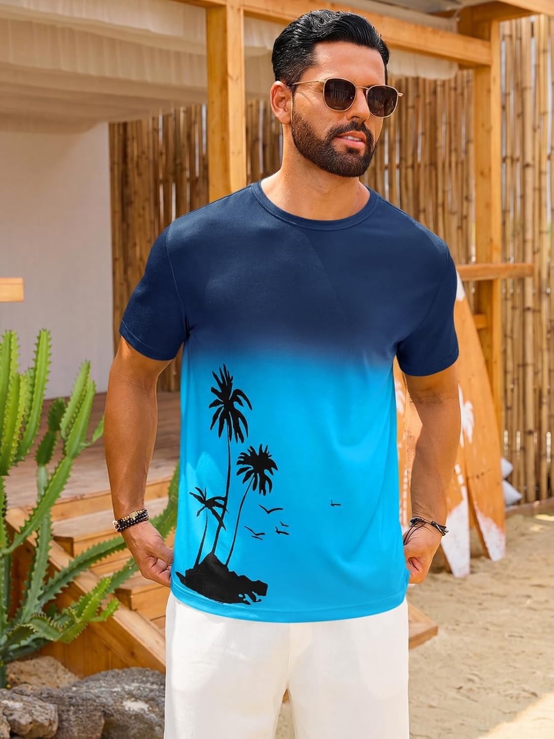 image:imageRuncati Mens Short Sleeve TShirts Casual Graphic Gradient Printed Tee Crewneck Summer Beach Hawaiian Vintage ShirtsNavy