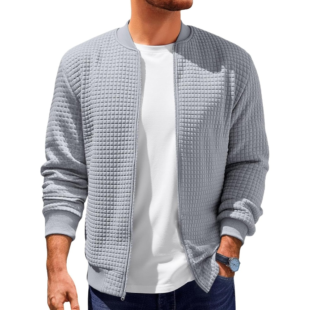 image:imageRuncati Mens Bomber Jacket Casual Lightweight Varsity Jackets Waffle Full Zip CoatLight Gray