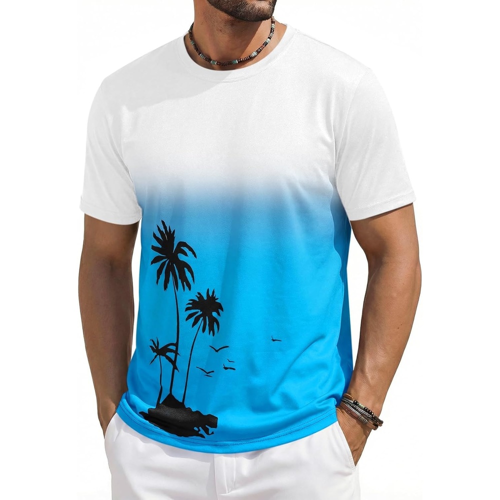 image:imageRuncati Mens Short Sleeve TShirts Casual Graphic Gradient Printed Tee Crewneck Summer Beach Hawaiian Vintage ShirtsLight Blue
