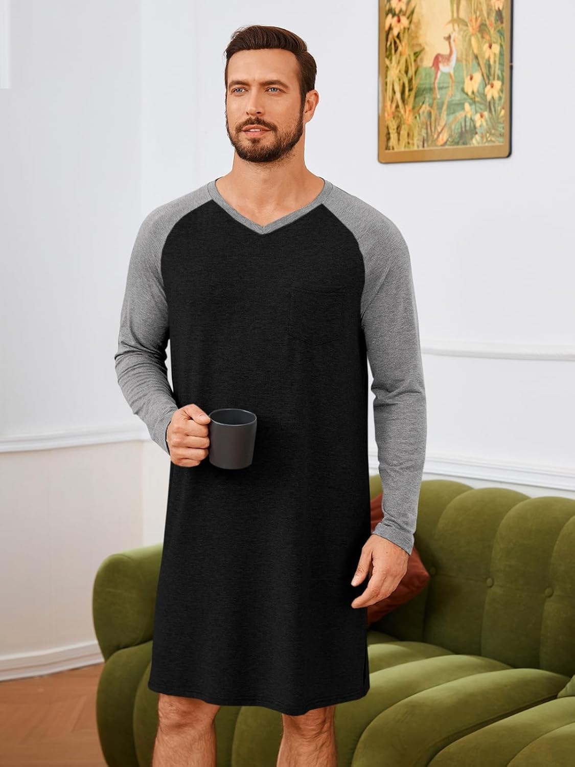 image:imageRuncati Mens Nightshirt Long Sleeve V Neck Nightgown Comfy Big amp Tall Lounge Pajama Sleepwear Sleep ShirtBlack
