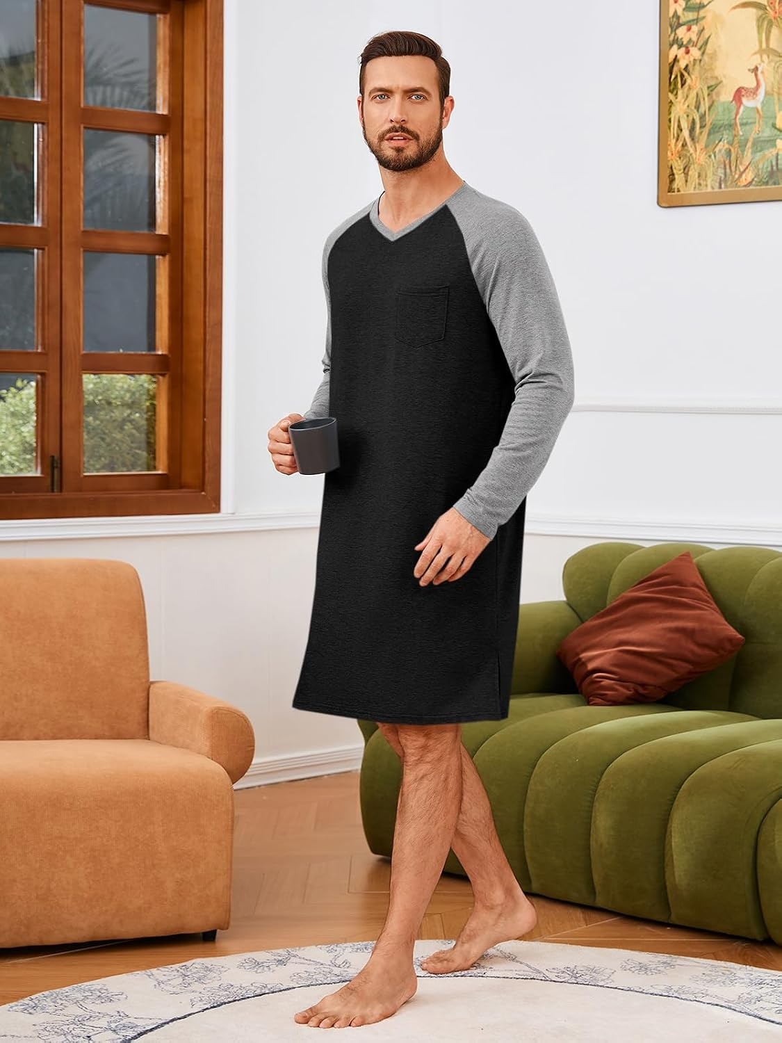image:imageRuncati Mens Nightshirt Long Sleeve V Neck Nightgown Comfy Big amp Tall Lounge Pajama Sleepwear Sleep ShirtBlack