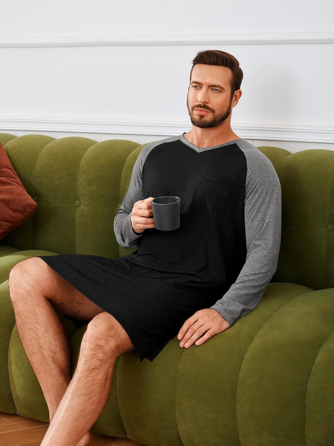 image:imageRuncati Mens Nightshirt Long Sleeve V Neck Nightgown Comfy Big amp Tall Lounge Pajama Sleepwear Sleep ShirtBlack