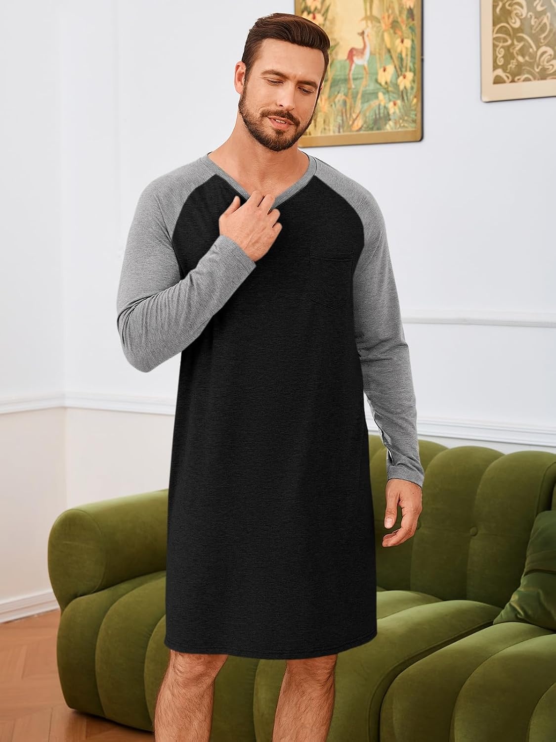image:imageRuncati Mens Nightshirt Long Sleeve V Neck Nightgown Comfy Big amp Tall Lounge Pajama Sleepwear Sleep ShirtBlack