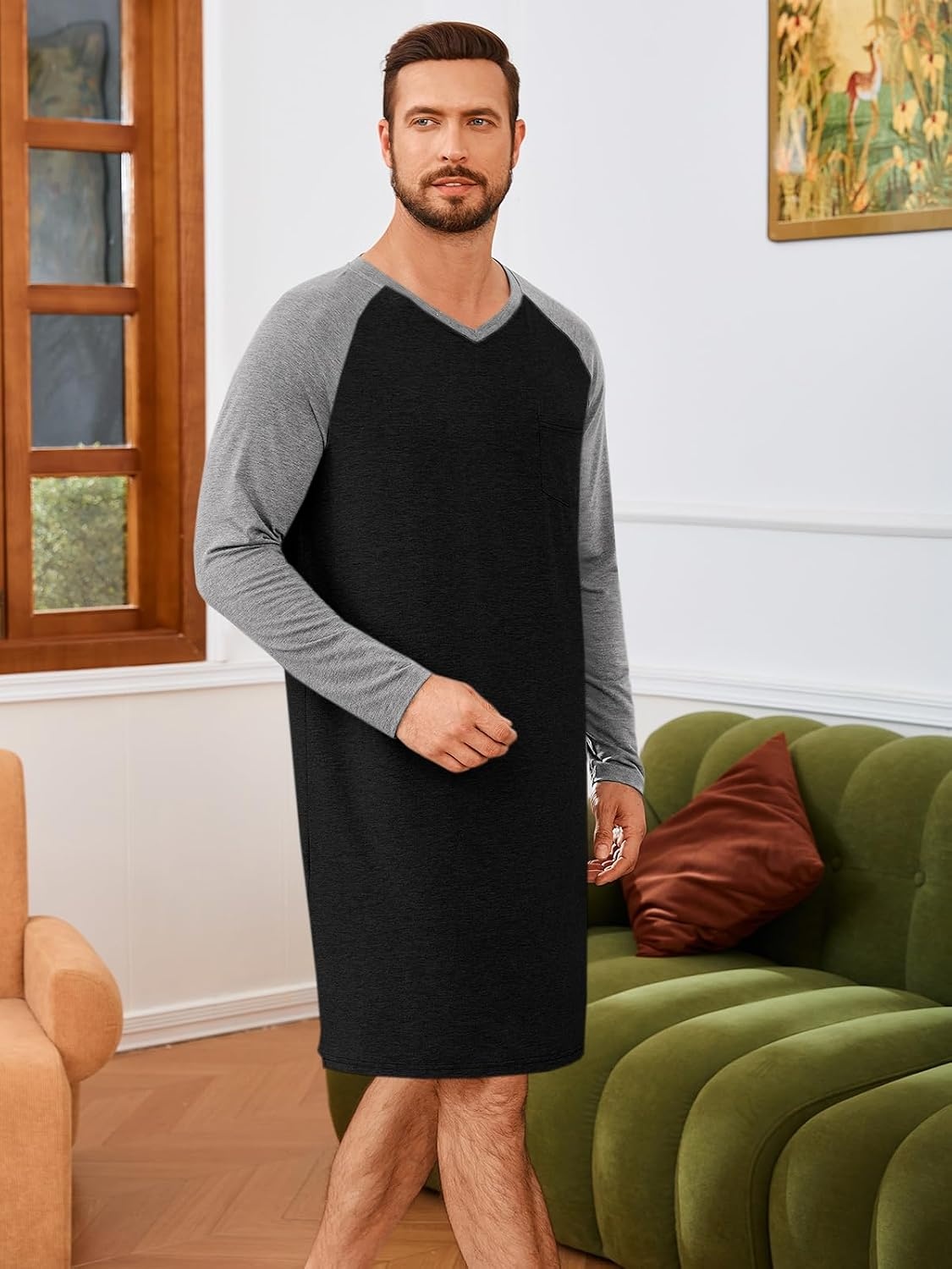 image:imageRuncati Mens Nightshirt Long Sleeve V Neck Nightgown Comfy Big amp Tall Lounge Pajama Sleepwear Sleep ShirtBlack