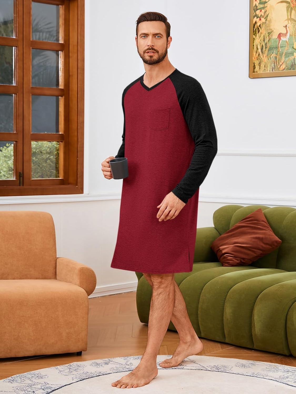 image:imageRuncati Mens Nightshirt Long Sleeve V Neck Nightgown Comfy Big amp Tall Lounge Pajama Sleepwear Sleep ShirtBurgundy
