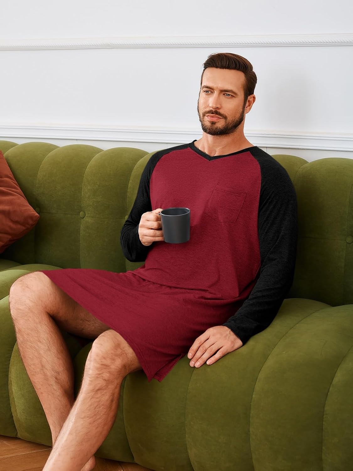 image:imageRuncati Mens Nightshirt Long Sleeve V Neck Nightgown Comfy Big amp Tall Lounge Pajama Sleepwear Sleep ShirtBurgundy