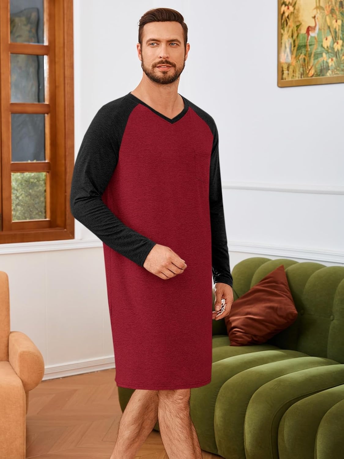 image:imageRuncati Mens Nightshirt Long Sleeve V Neck Nightgown Comfy Big amp Tall Lounge Pajama Sleepwear Sleep ShirtBurgundy