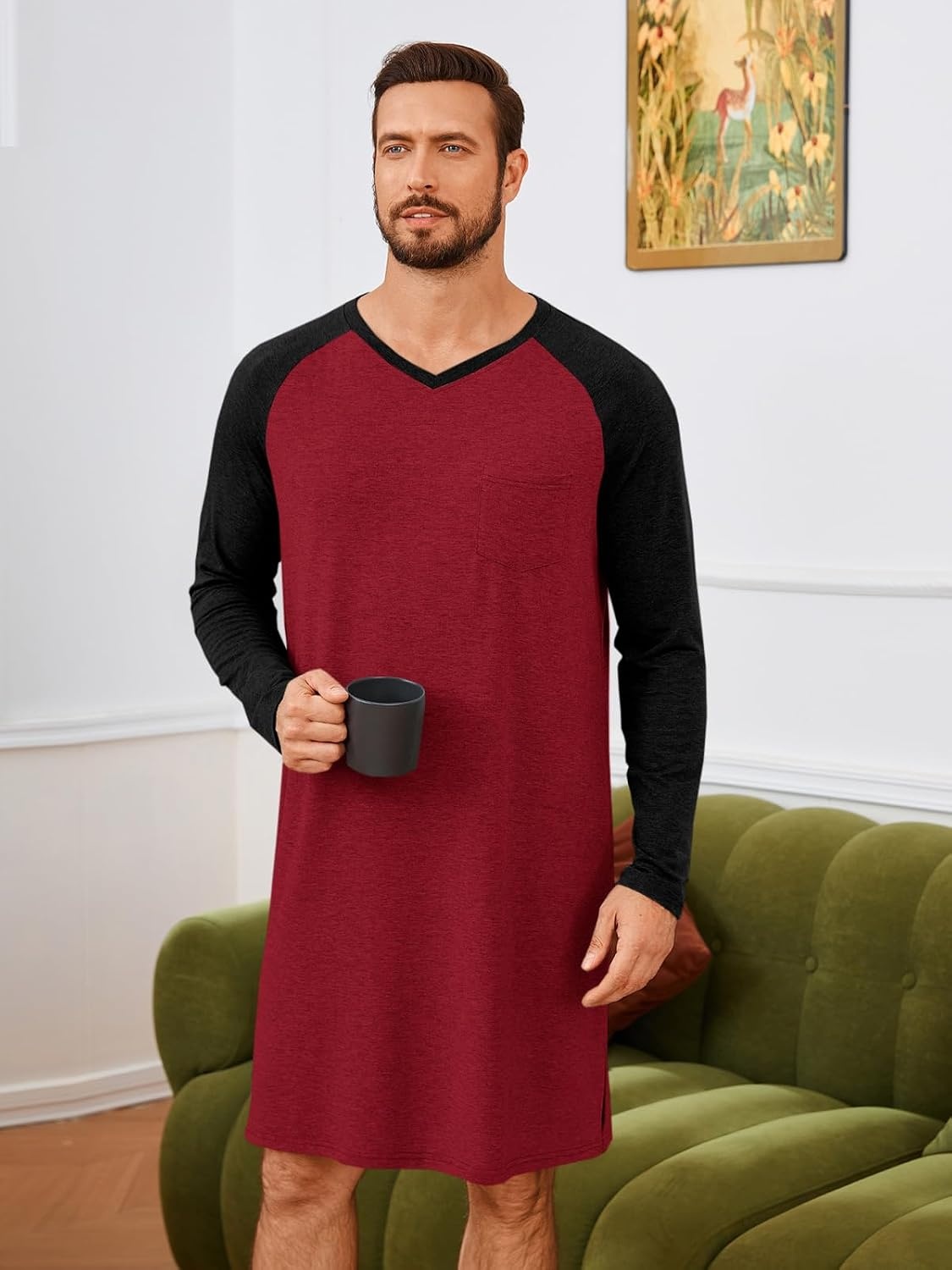 image:imageRuncati Mens Nightshirt Long Sleeve V Neck Nightgown Comfy Big amp Tall Lounge Pajama Sleepwear Sleep ShirtBurgundy