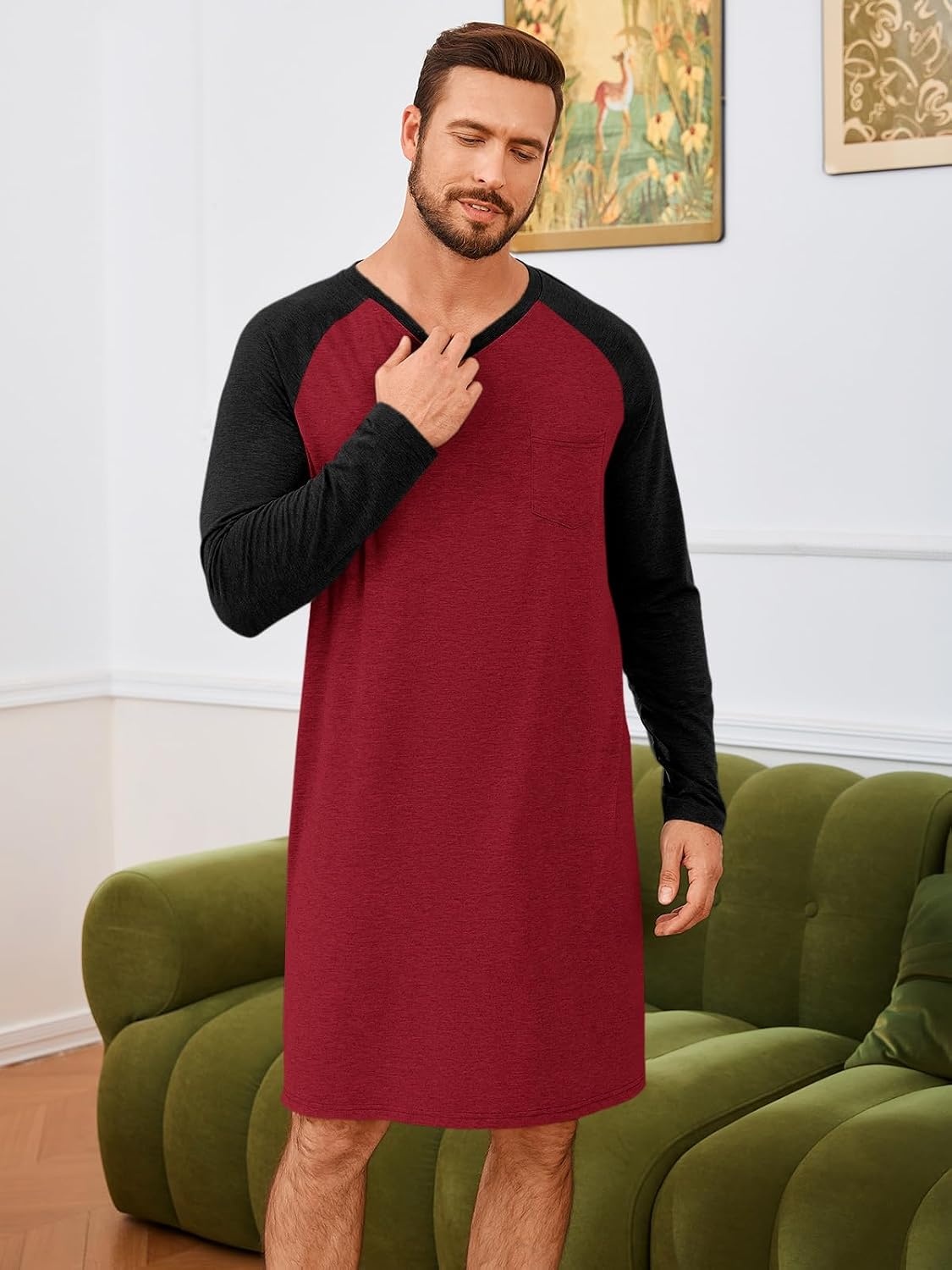 image:imageRuncati Mens Nightshirt Long Sleeve V Neck Nightgown Comfy Big amp Tall Lounge Pajama Sleepwear Sleep ShirtBurgundy