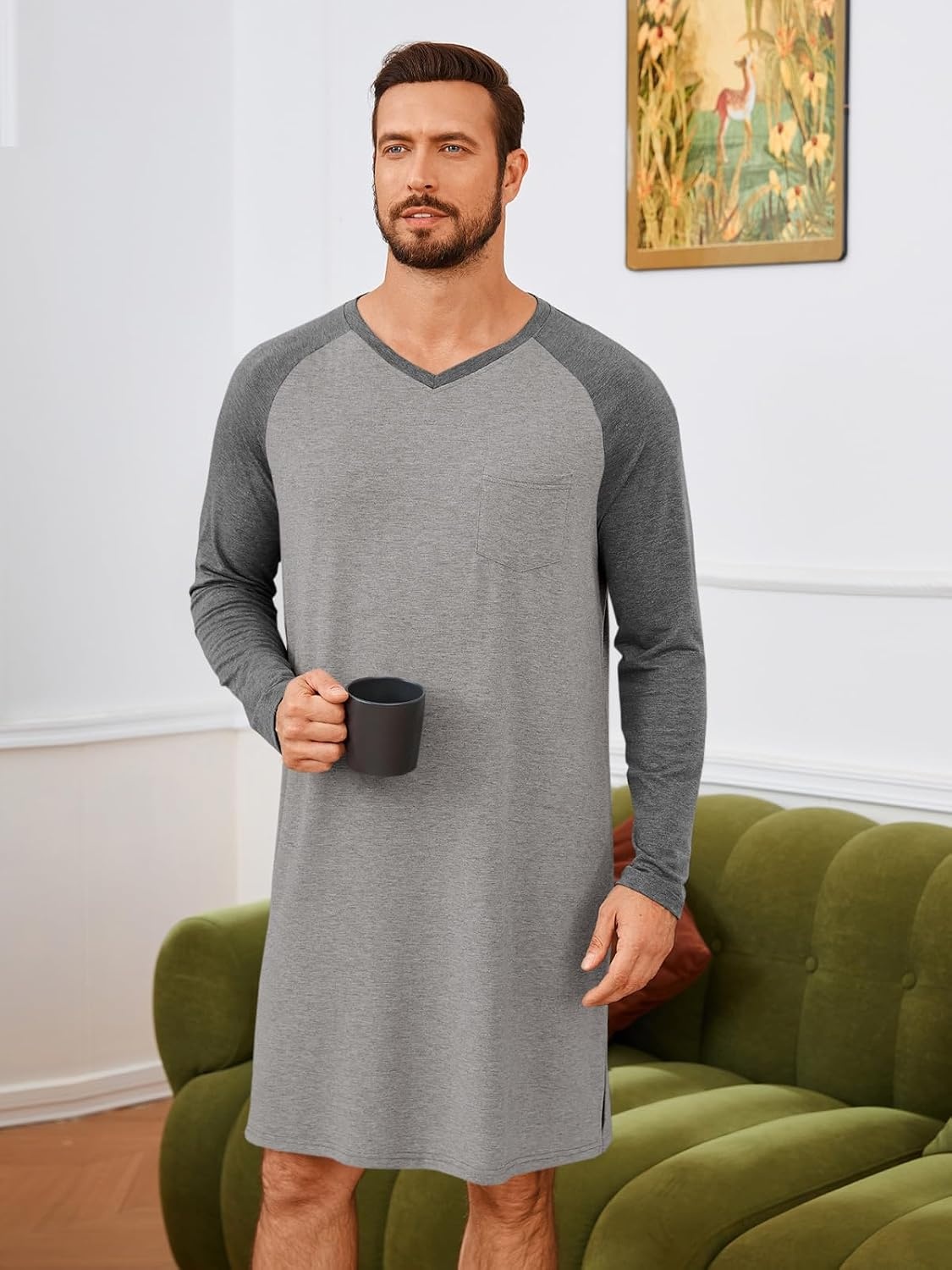 image:imageRuncati Mens Nightshirt Long Sleeve V Neck Nightgown Comfy Big amp Tall Lounge Pajama Sleepwear Sleep ShirtDark Grey