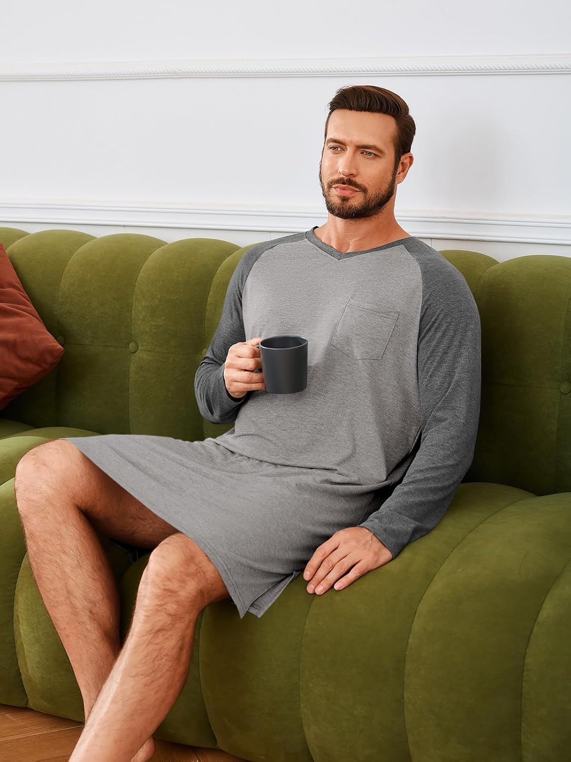 image:imageRuncati Mens Nightshirt Long Sleeve V Neck Nightgown Comfy Big amp Tall Lounge Pajama Sleepwear Sleep ShirtDark Grey