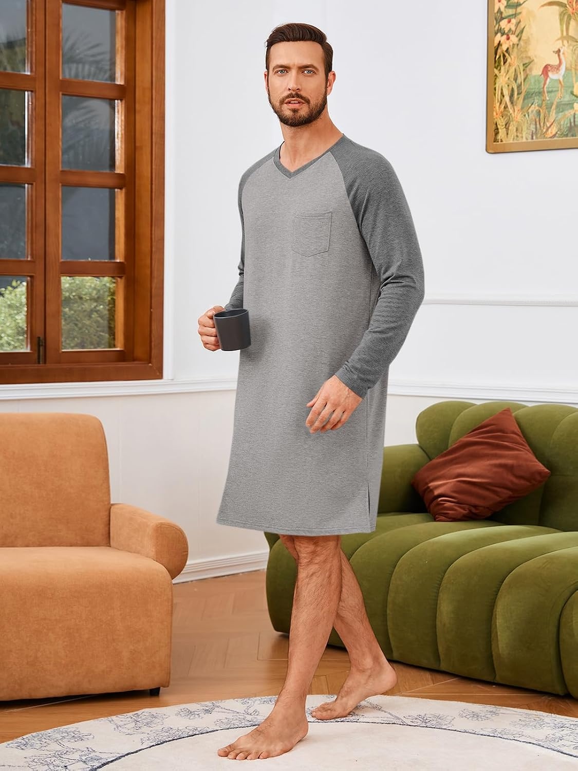 image:imageRuncati Mens Nightshirt Long Sleeve V Neck Nightgown Comfy Big amp Tall Lounge Pajama Sleepwear Sleep ShirtDark Grey