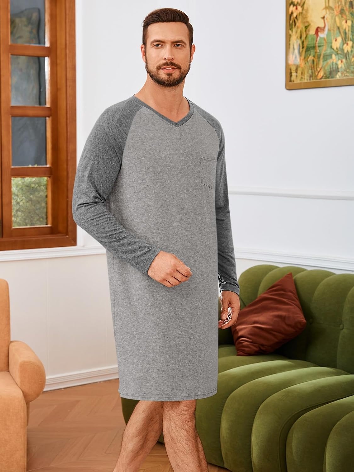 image:imageRuncati Mens Nightshirt Long Sleeve V Neck Nightgown Comfy Big amp Tall Lounge Pajama Sleepwear Sleep ShirtDark Grey