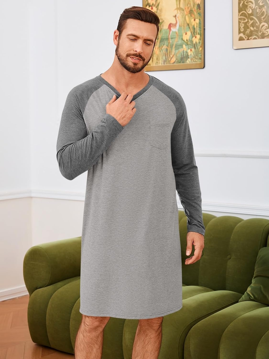 image:imageRuncati Mens Nightshirt Long Sleeve V Neck Nightgown Comfy Big amp Tall Lounge Pajama Sleepwear Sleep ShirtDark Grey