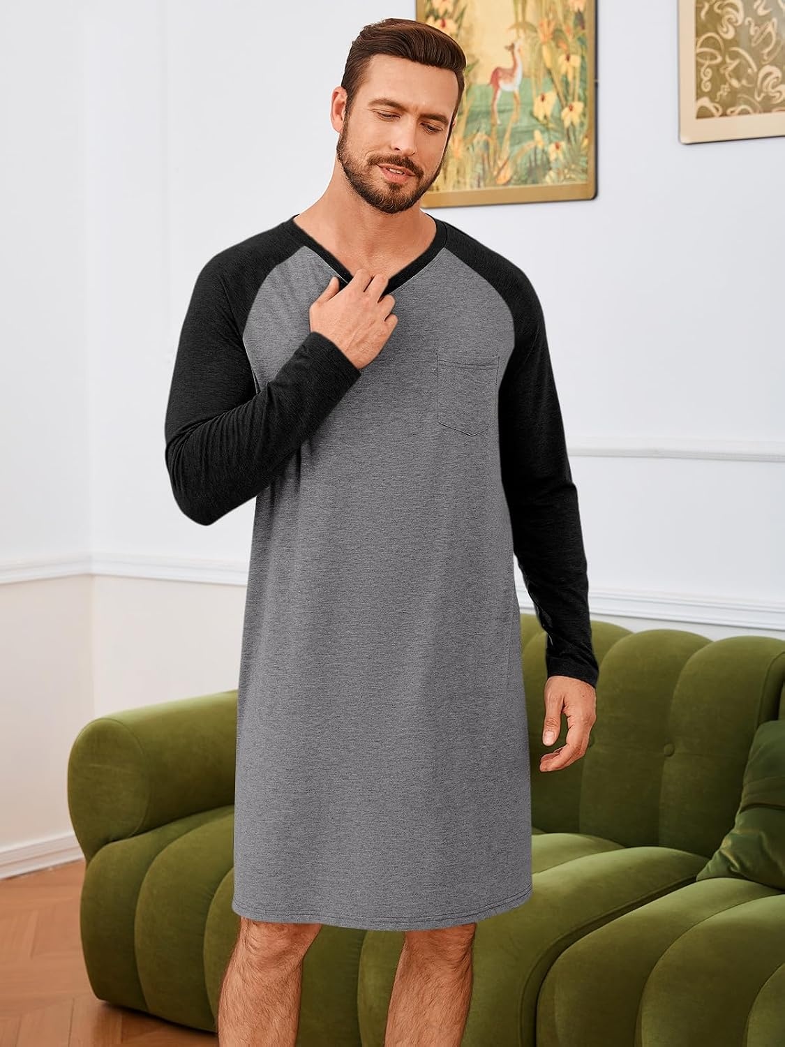 image:imageRuncati Mens Nightshirt Long Sleeve V Neck Nightgown Comfy Big amp Tall Lounge Pajama Sleepwear Sleep ShirtGrey