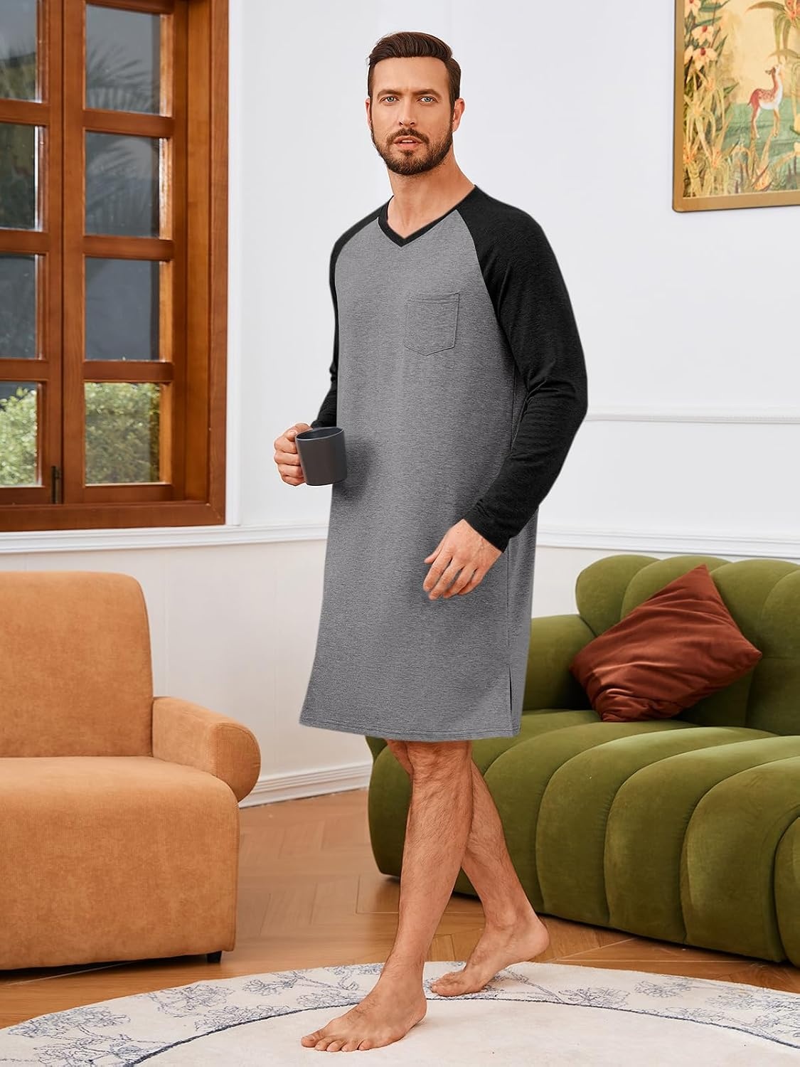 image:imageRuncati Mens Nightshirt Long Sleeve V Neck Nightgown Comfy Big amp Tall Lounge Pajama Sleepwear Sleep ShirtGrey