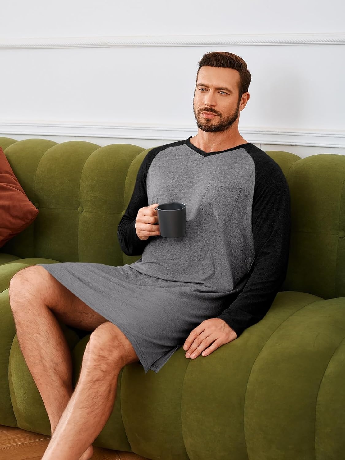 image:imageRuncati Mens Nightshirt Long Sleeve V Neck Nightgown Comfy Big amp Tall Lounge Pajama Sleepwear Sleep ShirtGrey