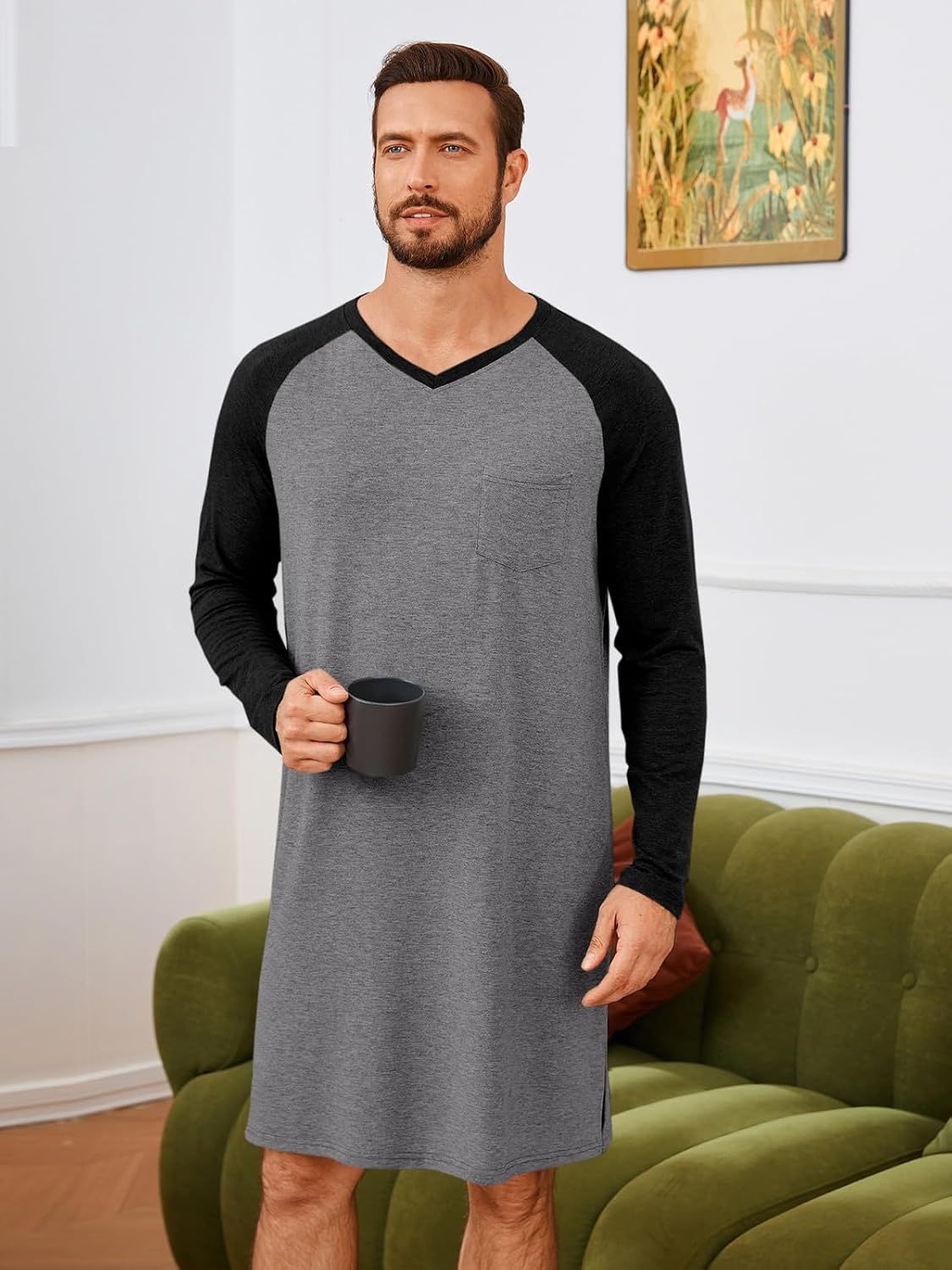 image:imageRuncati Mens Nightshirt Long Sleeve V Neck Nightgown Comfy Big amp Tall Lounge Pajama Sleepwear Sleep ShirtGrey