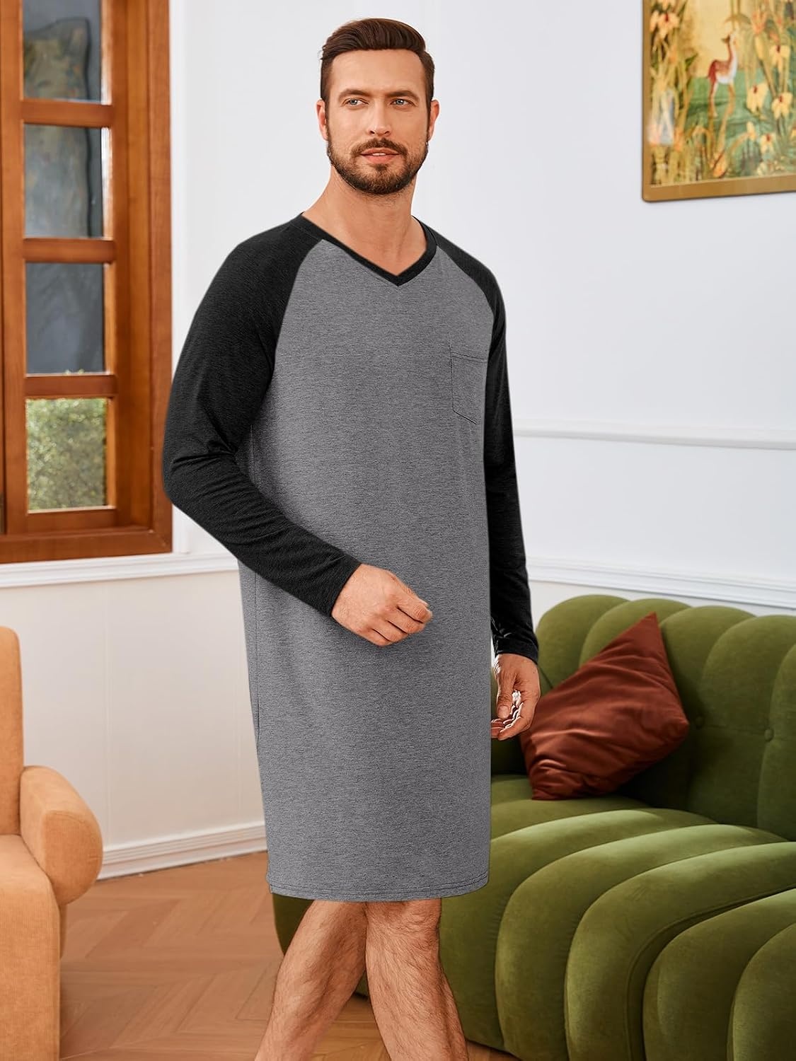 image:imageRuncati Mens Nightshirt Long Sleeve V Neck Nightgown Comfy Big amp Tall Lounge Pajama Sleepwear Sleep ShirtGrey