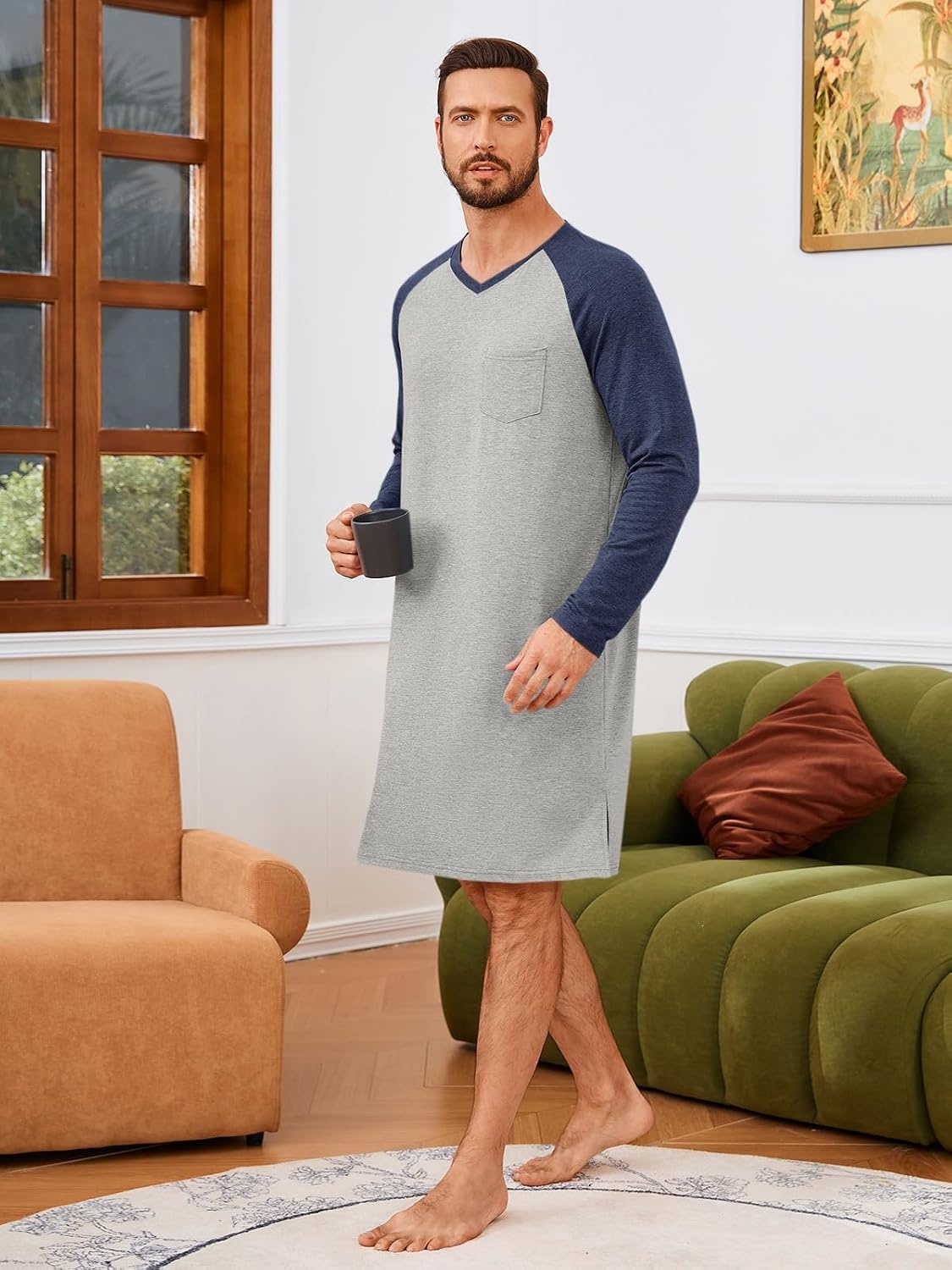 image:imageRuncati Mens Nightshirt Long Sleeve V Neck Nightgown Comfy Big amp Tall Lounge Pajama Sleepwear Sleep ShirtLight Grey