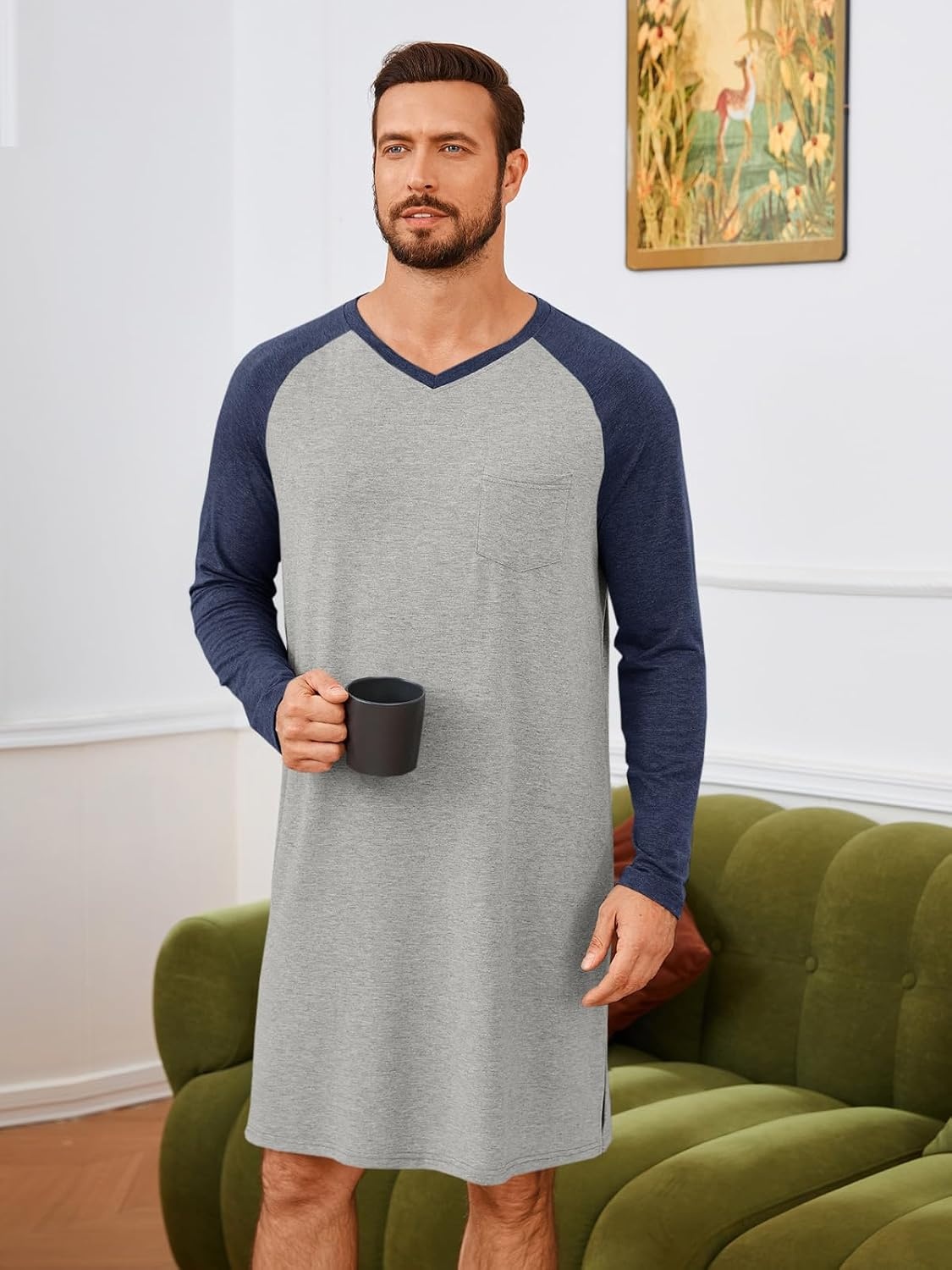 image:imageRuncati Mens Nightshirt Long Sleeve V Neck Nightgown Comfy Big amp Tall Lounge Pajama Sleepwear Sleep ShirtLight Grey