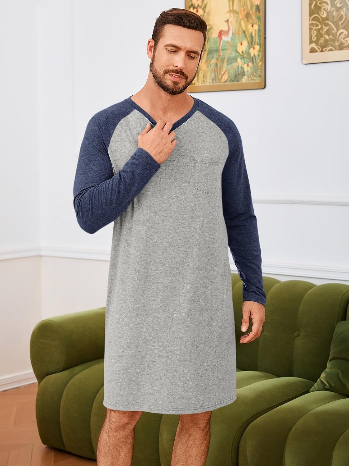 image:imageRuncati Mens Nightshirt Long Sleeve V Neck Nightgown Comfy Big amp Tall Lounge Pajama Sleepwear Sleep ShirtLight Grey