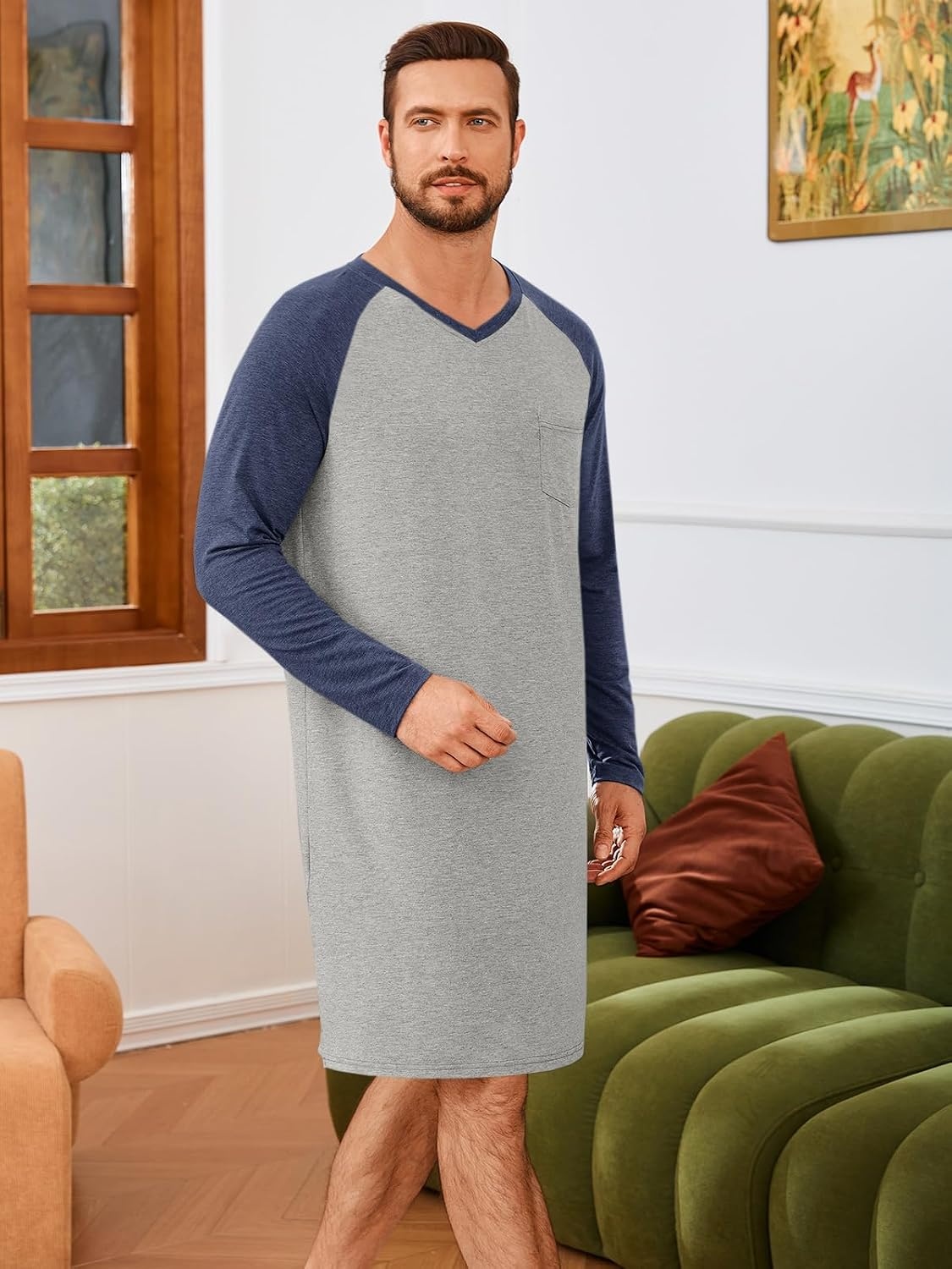 image:imageRuncati Mens Nightshirt Long Sleeve V Neck Nightgown Comfy Big amp Tall Lounge Pajama Sleepwear Sleep ShirtLight Grey