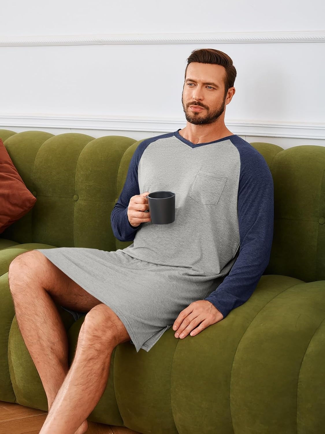 image:imageRuncati Mens Nightshirt Long Sleeve V Neck Nightgown Comfy Big amp Tall Lounge Pajama Sleepwear Sleep ShirtLight Grey