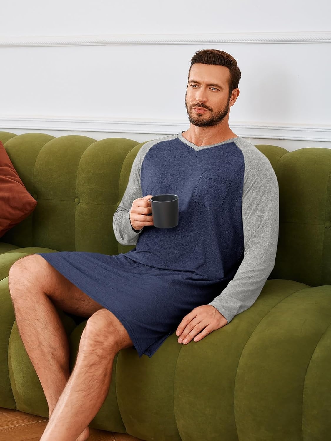 image:imageRuncati Mens Nightshirt Long Sleeve V Neck Nightgown Comfy Big amp Tall Lounge Pajama Sleepwear Sleep ShirtNavy