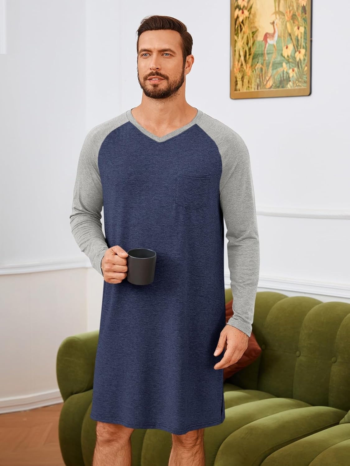 image:imageRuncati Mens Nightshirt Long Sleeve V Neck Nightgown Comfy Big amp Tall Lounge Pajama Sleepwear Sleep ShirtNavy