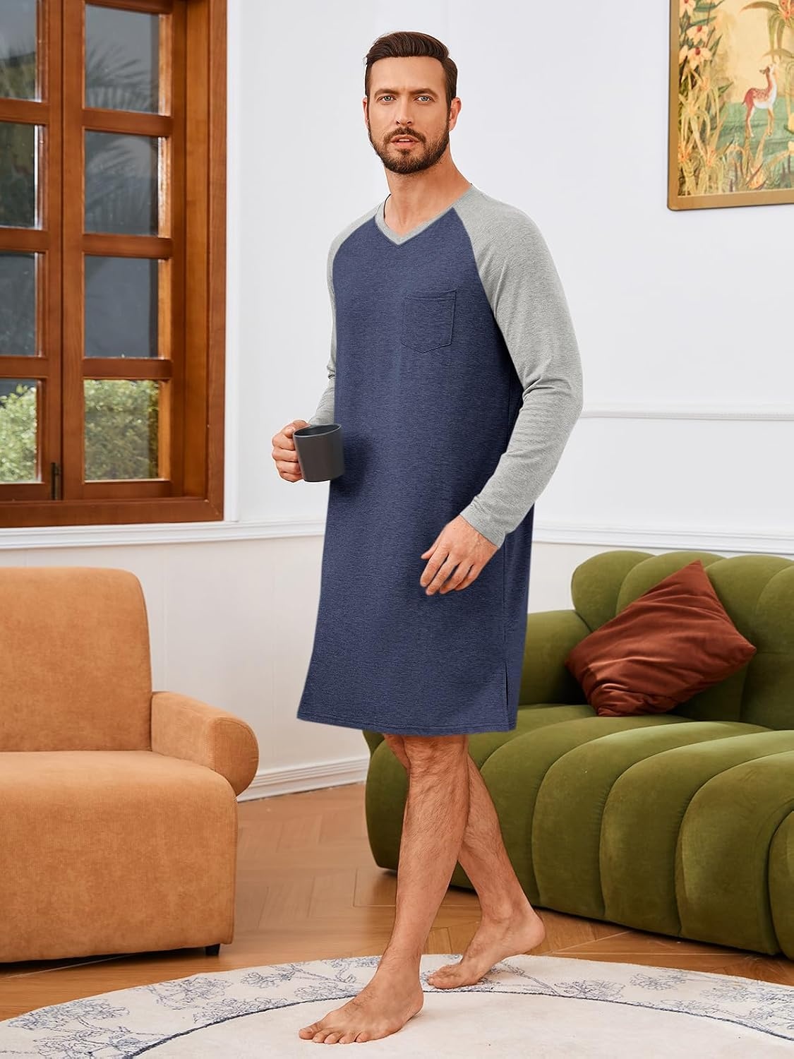 image:imageRuncati Mens Nightshirt Long Sleeve V Neck Nightgown Comfy Big amp Tall Lounge Pajama Sleepwear Sleep ShirtNavy
