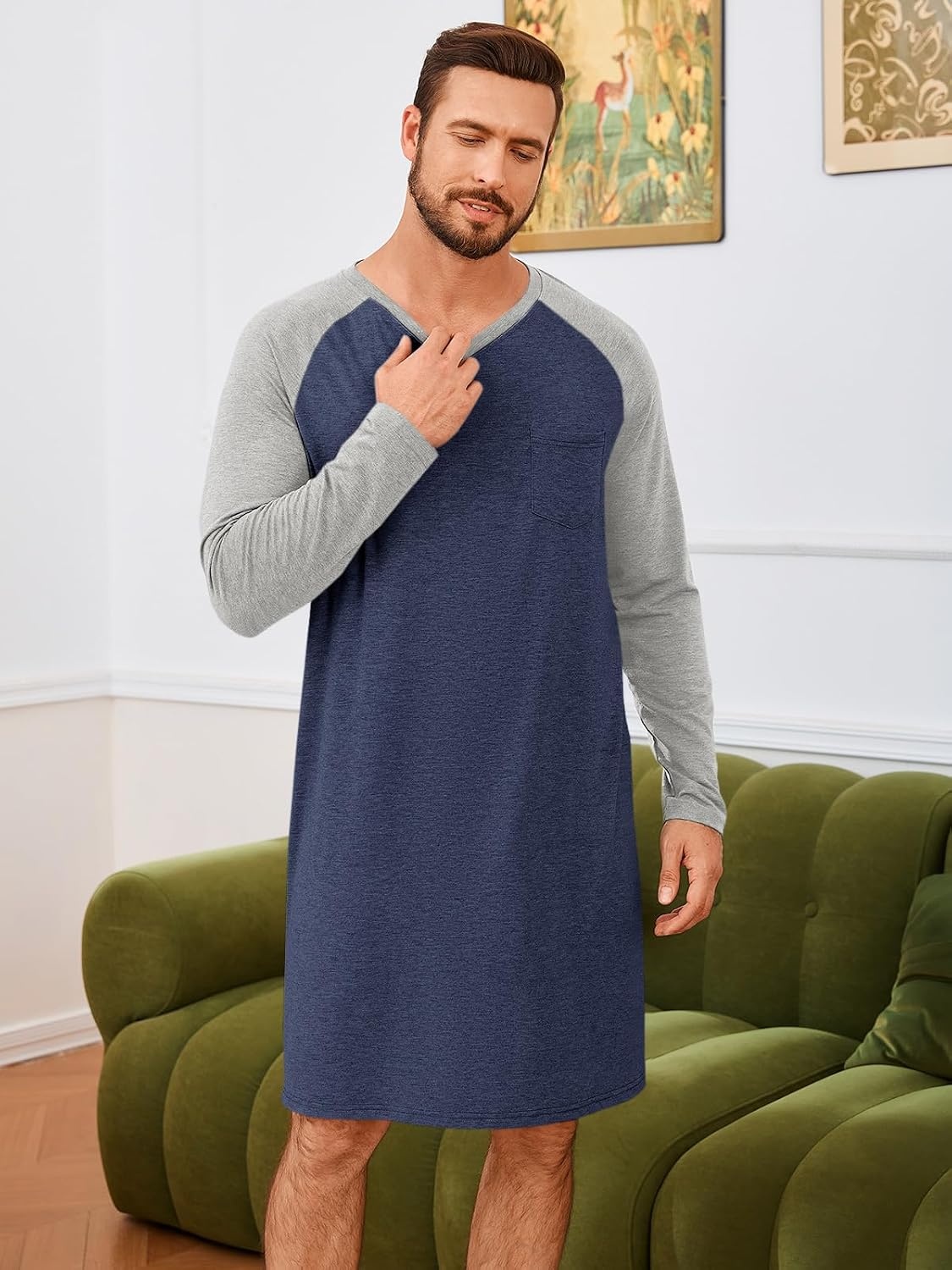 image:imageRuncati Mens Nightshirt Long Sleeve V Neck Nightgown Comfy Big amp Tall Lounge Pajama Sleepwear Sleep ShirtNavy